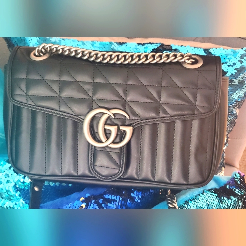 Authentic GUCCI Silver GG  Black Aria Matelasse/Marmont Small Shoulder Bag